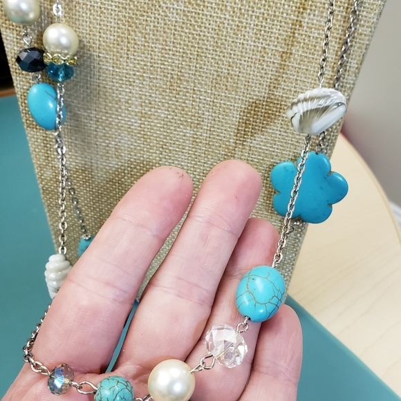 St Emerald, NWT, 2 turquoise, pearl beaded jeweled long silver fashion necklaces - Picture 12 of 16